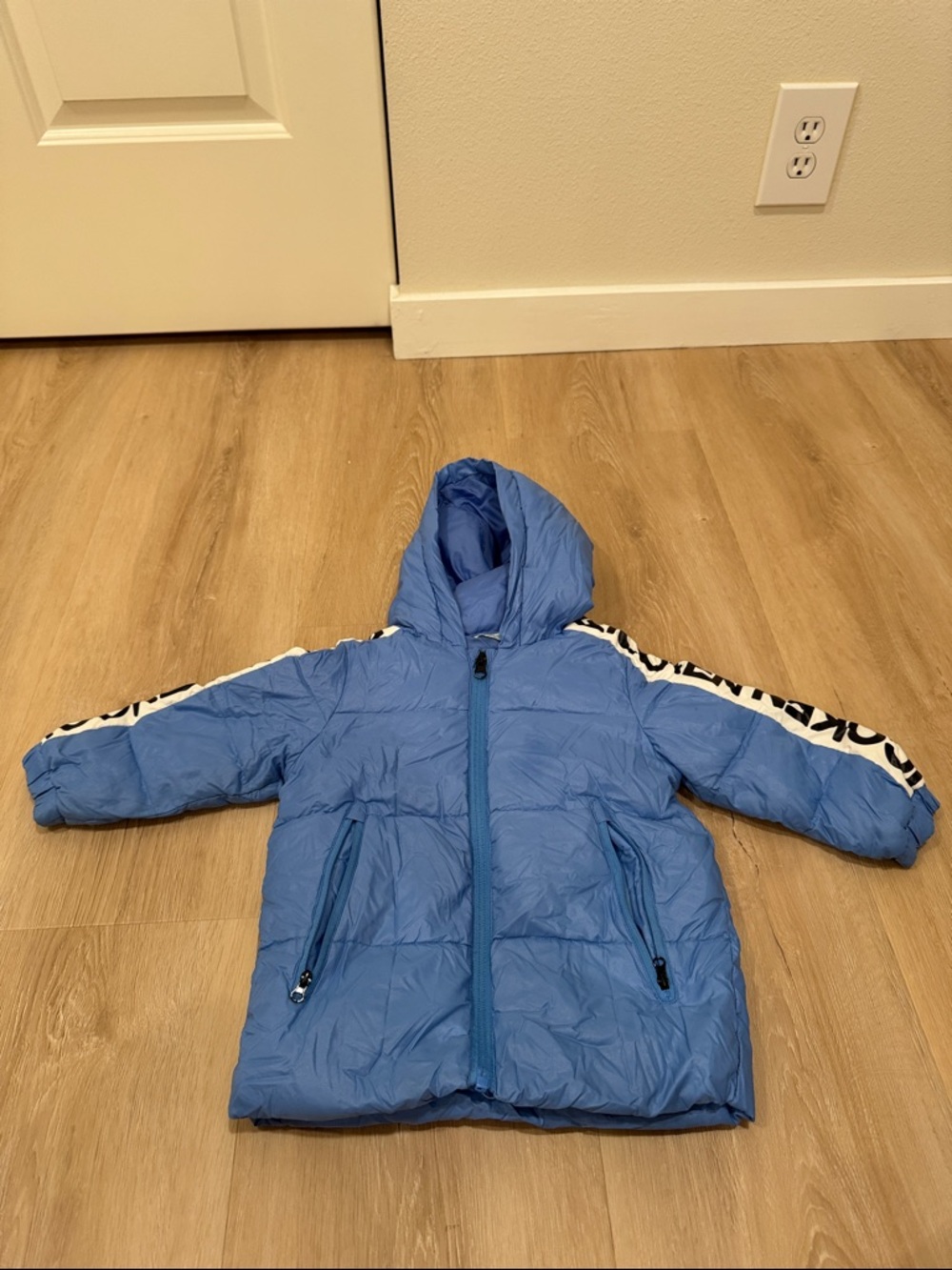 Light Blue Puffer Hooded Coat with Contrast Sleeve Detail